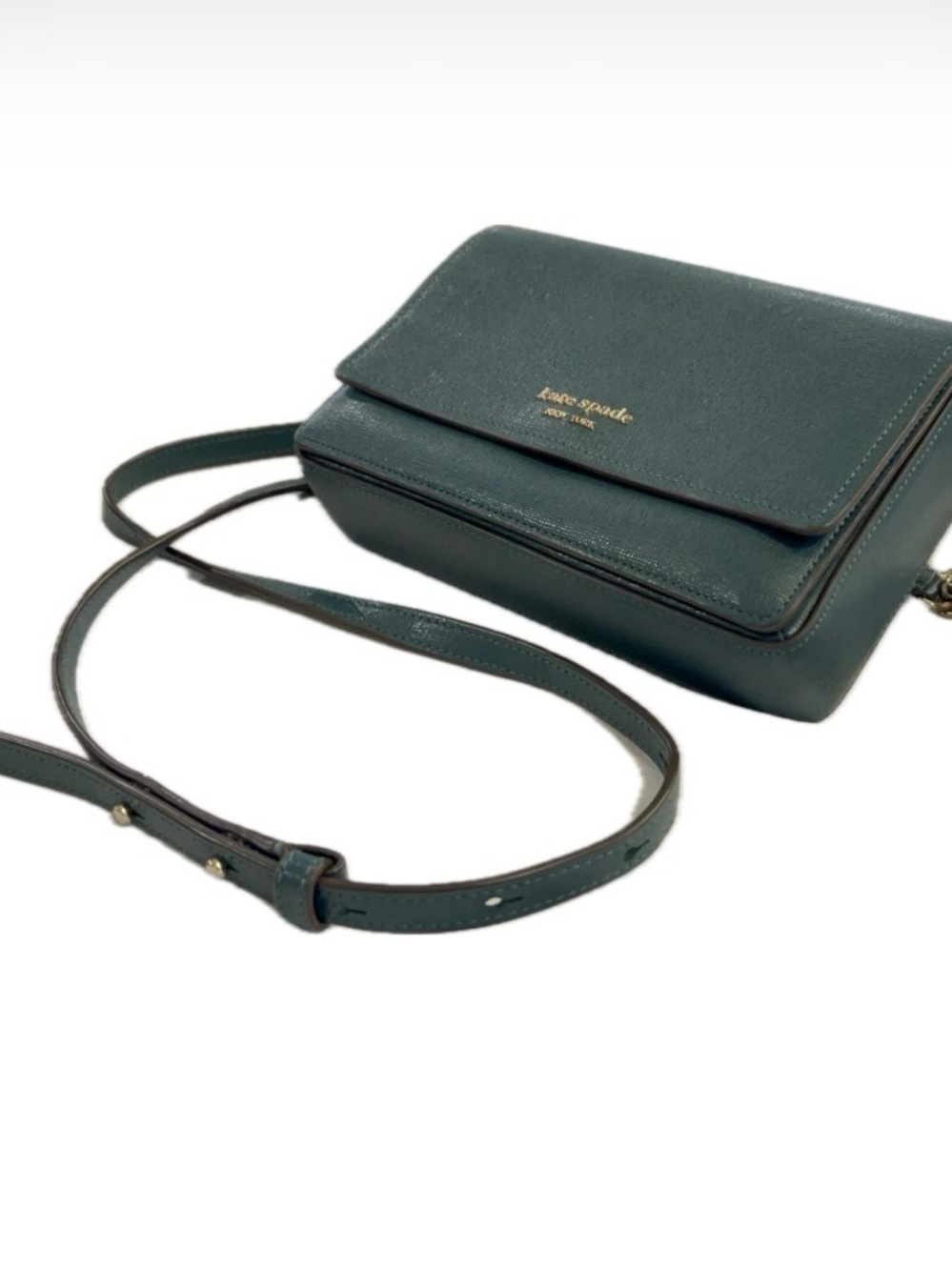 kate spade dark green leather crossbody with gold logo